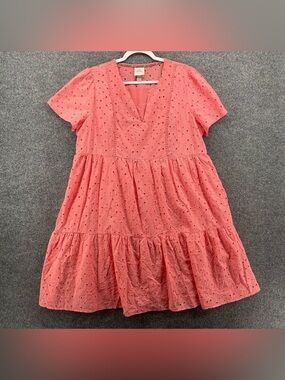 Knox Rose Dress Womens L Coral Eyelet Short Sleeve Cottagecore‎ Boho Western